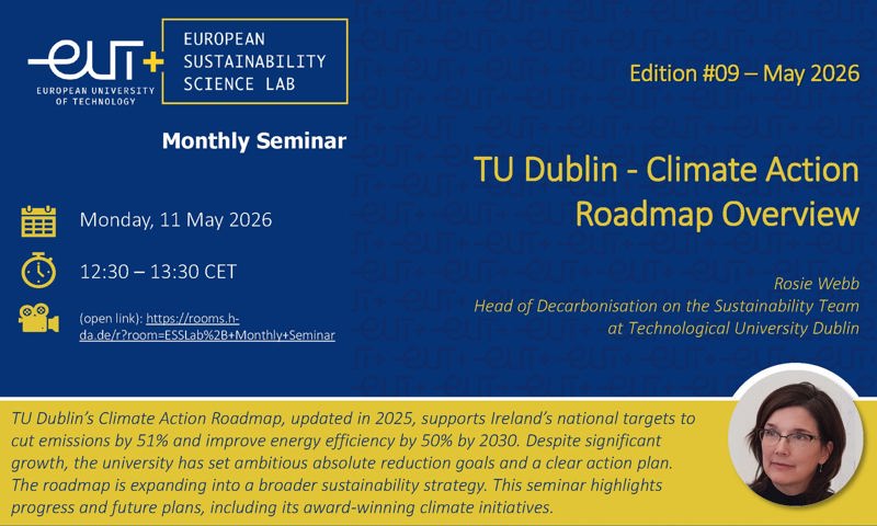 Promotional banner of the ESSLab+ Monthly Seminar 'TU Dublin – Climate Action Roadmap Overview' with Rosie Webb, Head of Decarbonisation at Technological University Dublin, on 11 May 2026 at 12:30 CET, online.