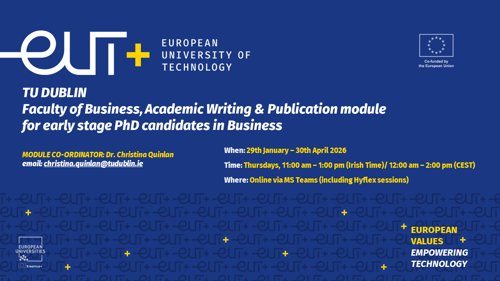 Informational slide presenting the TU Dublin Faculty of Business Academic Writing and Publication Module within the EUt+ Alliance