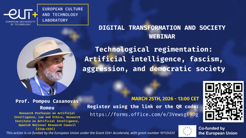 Locandina promozionale del webinar EUt+ intitolato 'Technological regimentation', con il Prof. Pompeu Casanovas, incentrato su intelligenza artificiale ed etica.