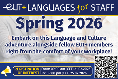 Banner EUt+ Languages for Staff Spring 2026 promoting online language and culture courses for staff of EUt+ partner universities.