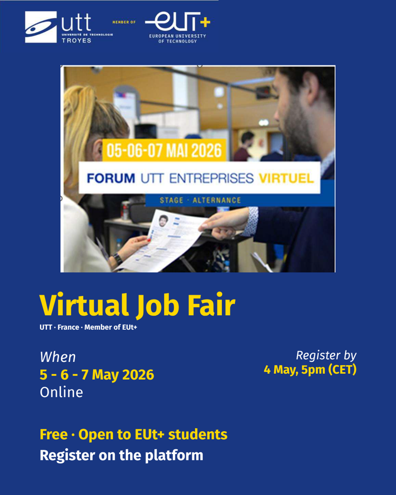 UTT Virtual Job & Internship Fair 2026 promotional banner – 5-6-7 May 2026, students and recruiters at the career fair