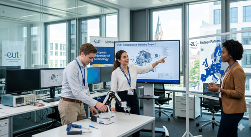 Candid photograph of diverse young professionals and students collaborating on a modern industrial project in a high-tech lab setting, showcasing company internships.