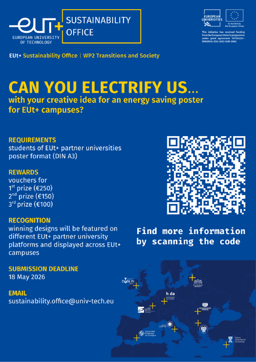 Promotional poster for the EUt+ Ideas Competition calling for energy saving campus campaigns