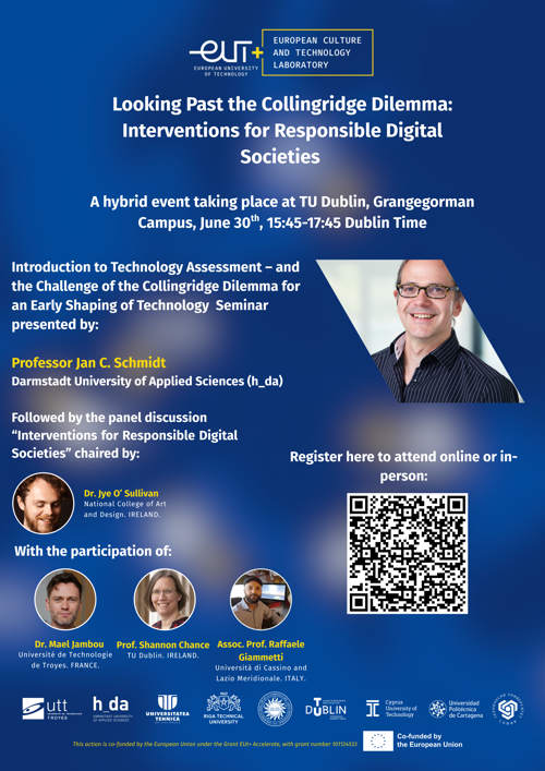 Promotional graphic banner for the EUt+ ACCELERATE hybrid seminar, detailing the event title 'Looking Past the Collingridge Dilemma' with scheduling information for Dublin, Berlin, and Bucharest.
